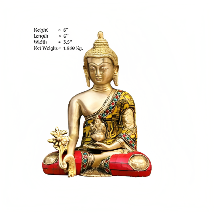 Brass Buddha Sculpture With Red Stone Work & Sacred Kalash