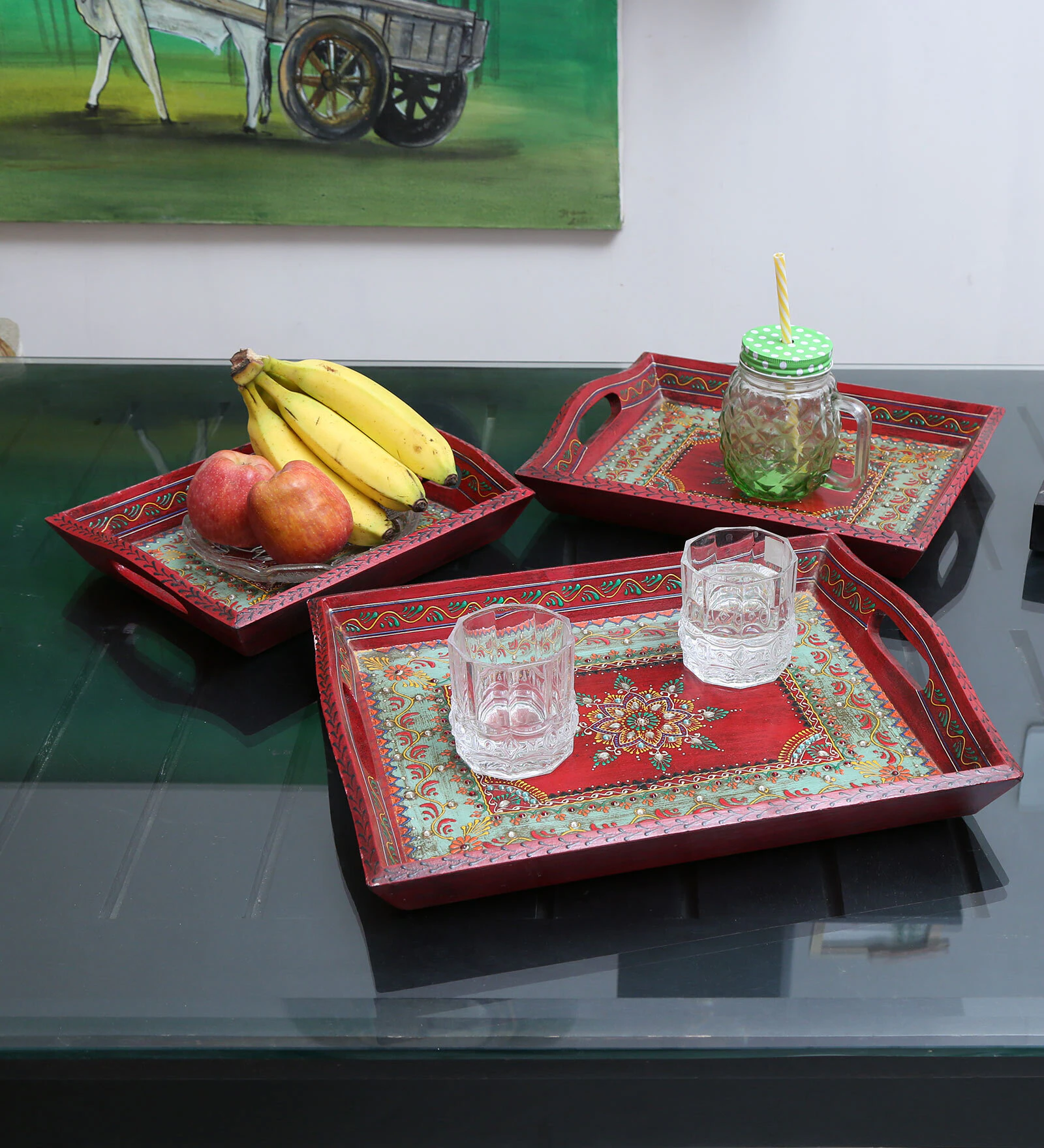 Hand-Painted Wooden Serving Tray Set of 3 | Serving Tray Set / Table Decor /Wooden Trays