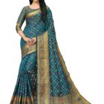 women’s Kanjivaram Art Silk Blend Checked Jacquard Saree with Blouse- Turquoise BluePiece