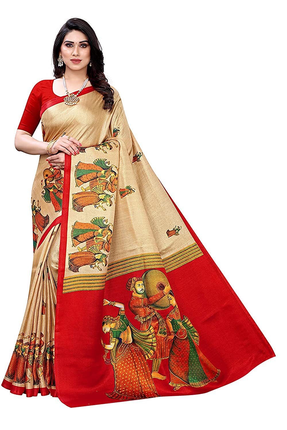 Printed Fashion Art Silk Saree With Blouse Piece(Beige, Red)