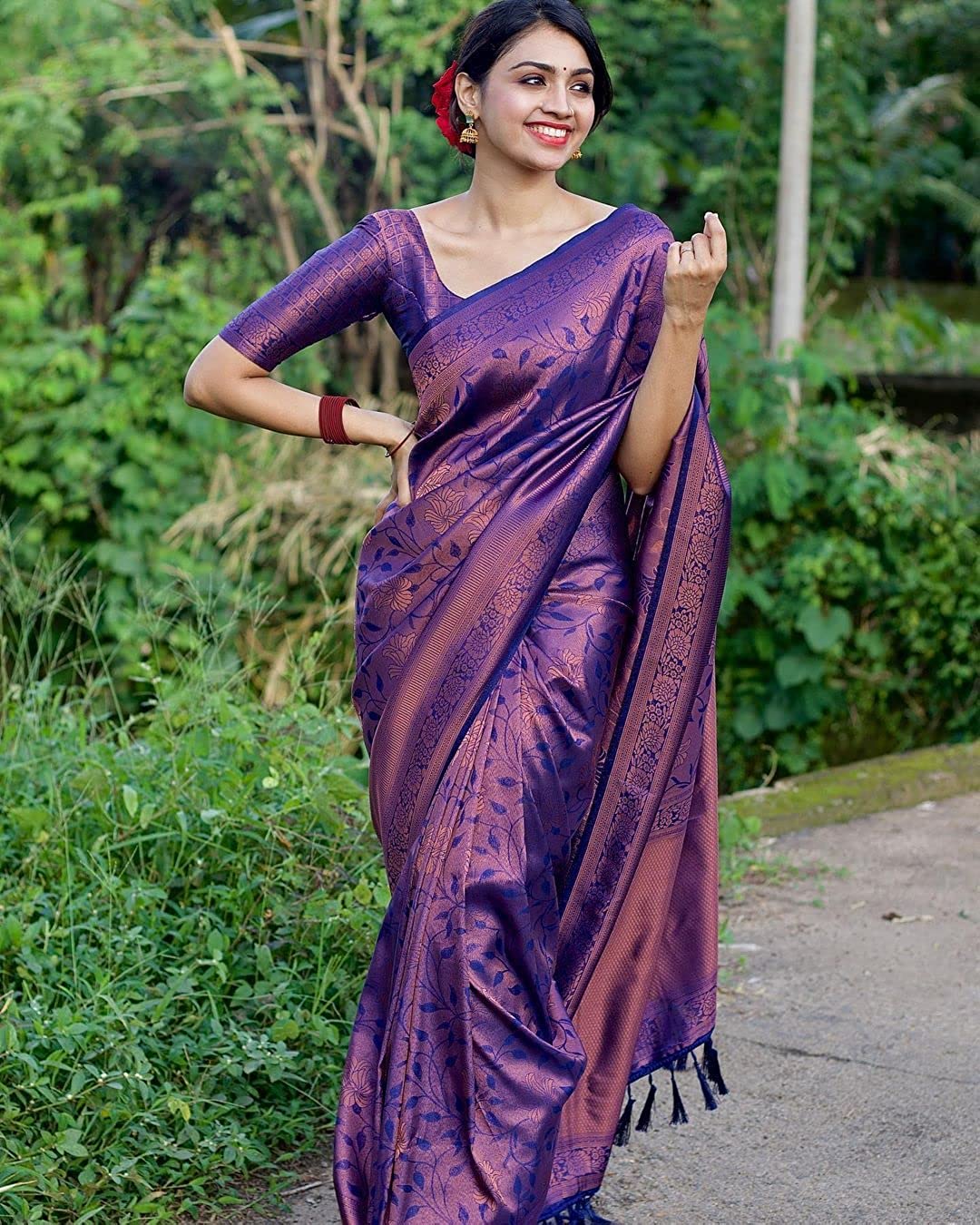 Buy Marvish Women's Kanjivaram Soft Lichi Silk Saree With Blouse