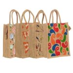 Jute Bags 4, Jute Shopping Grocery Printed Bag with Cotton Rope Handle for Men and Women with Zip Handle