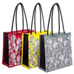 Jute Reusable Bag – Abstract Leaves Art (3 Shopping Bags – Red, Yellow, Grey)