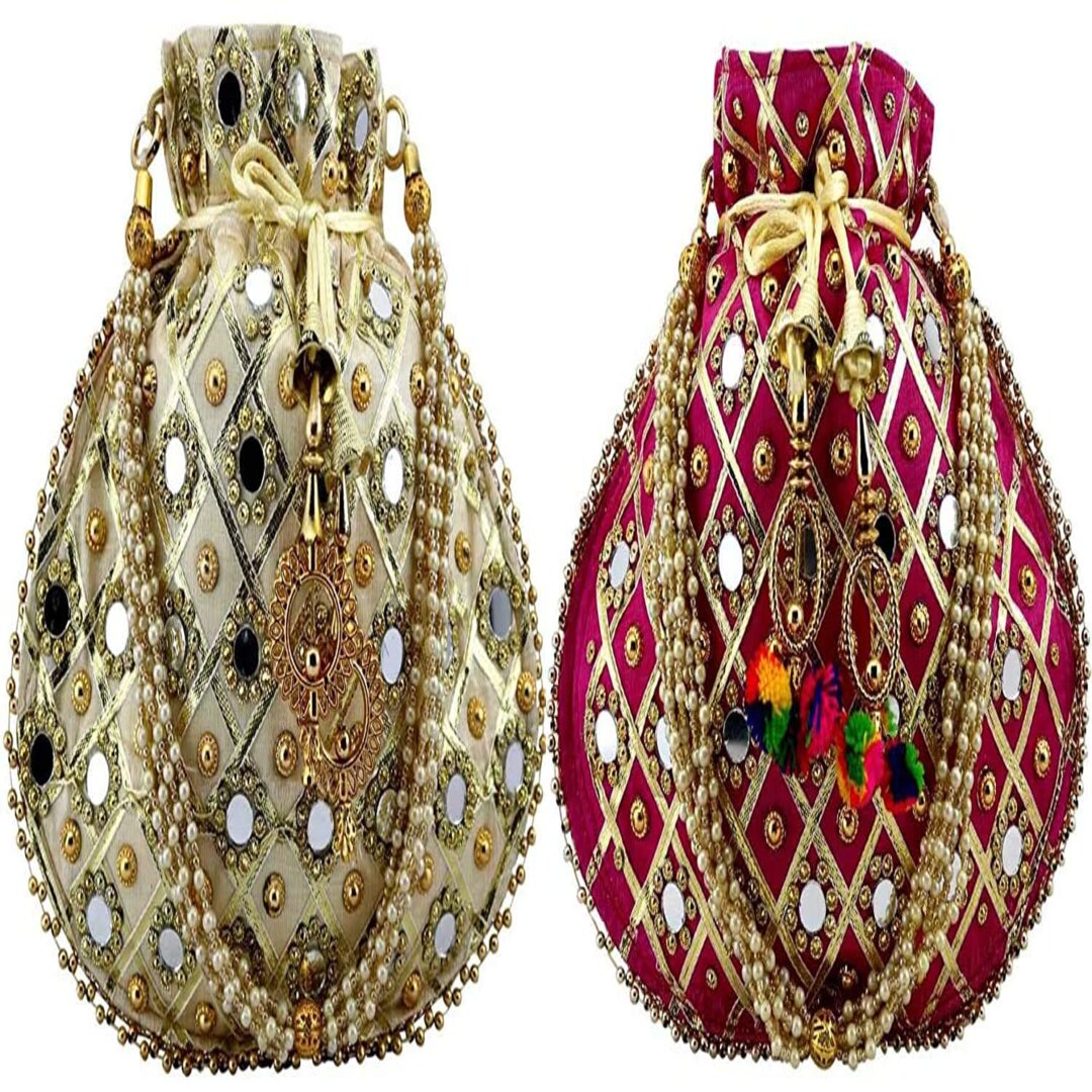 Rajasthani Style Pair of Silk Potli Velvet with Bridal Purse Handbag, Potlis (Golden and Pink)