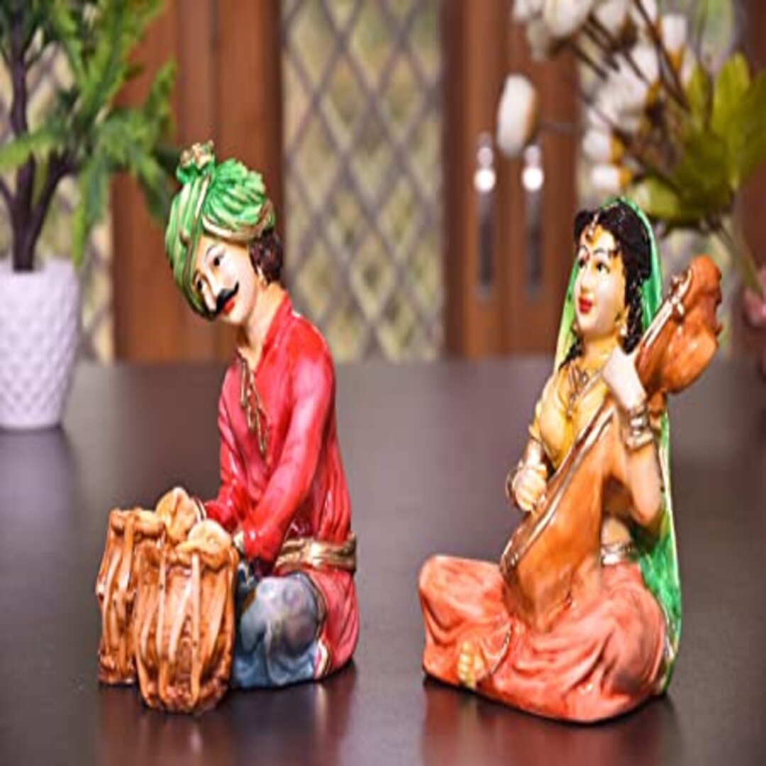 Polyresin and Marble Dust Rajasthani Couple Cultural Statue Showpiece for Home Decor Living room