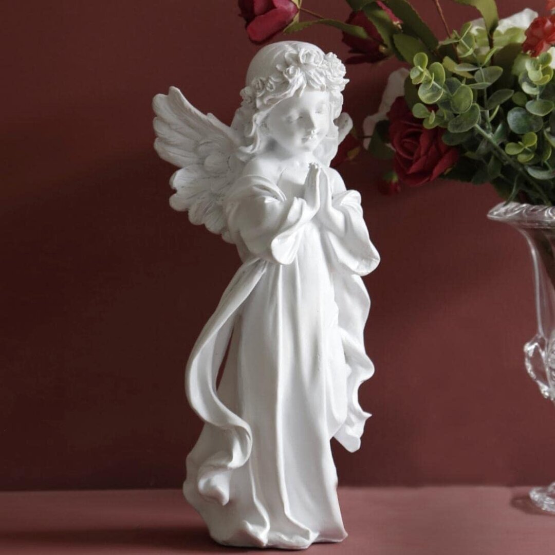 White Praying Angel Statue with Wings and Smooth Finishing for Decoration