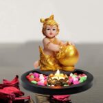 Baby Krishna Resin Sculpture Lord Krishna Makhan Chor Idols Statue with Wooden Flowers