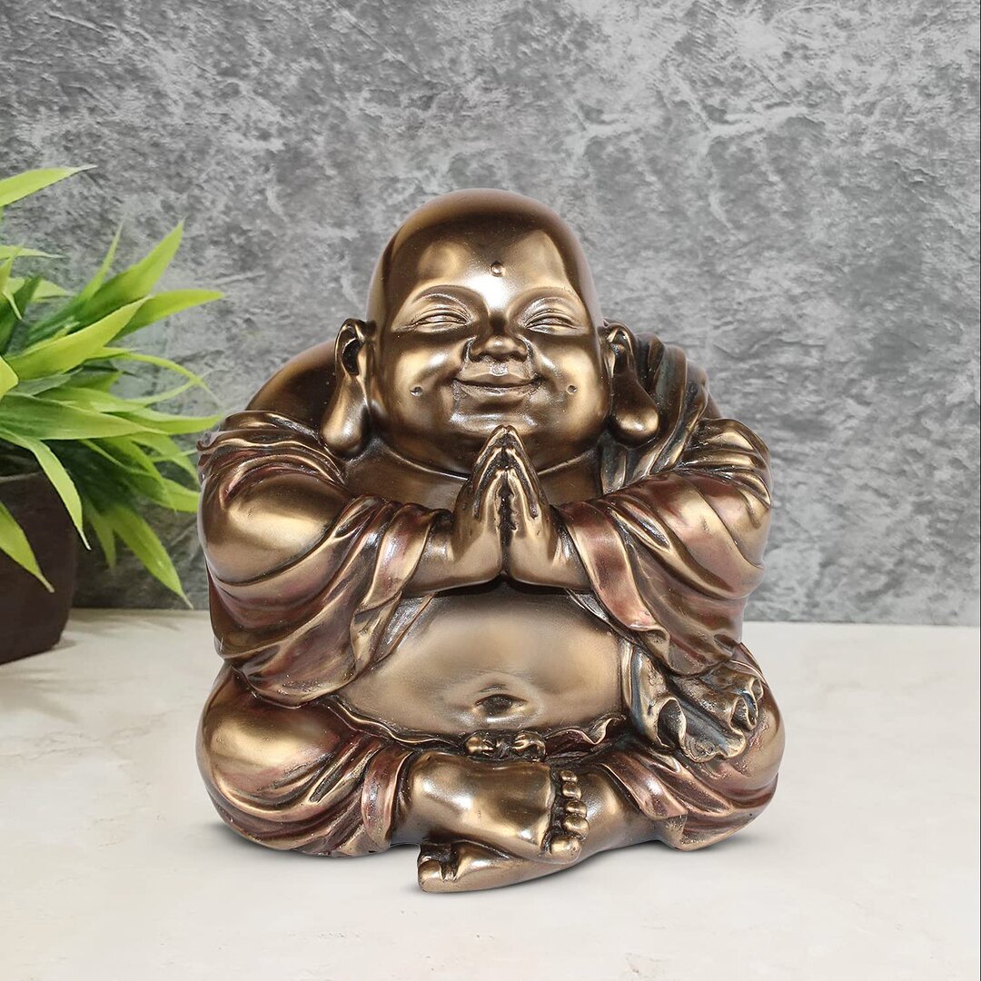 Bronze Feng Shui Happy Man Laughing Buddha Welcome Namaste Sitting and Holding Ingot Statue