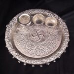 German Silver Hand Engraved Antique Finish PUJA THALI, Wedding Season, Festivals, Raksha Bandhan etc. with 2 Small katori and 1 Lota (10 INCHES THALI)