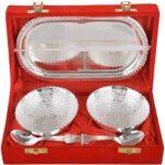 German Silver Tow Bowl, Two Spoon, One Tray Set with Royal Velvet Box