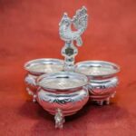 German Silver Haldi Kumkum Bharani Box with Peacock Holder / Punchwala 3 Cup for Puja and Gift Purpose