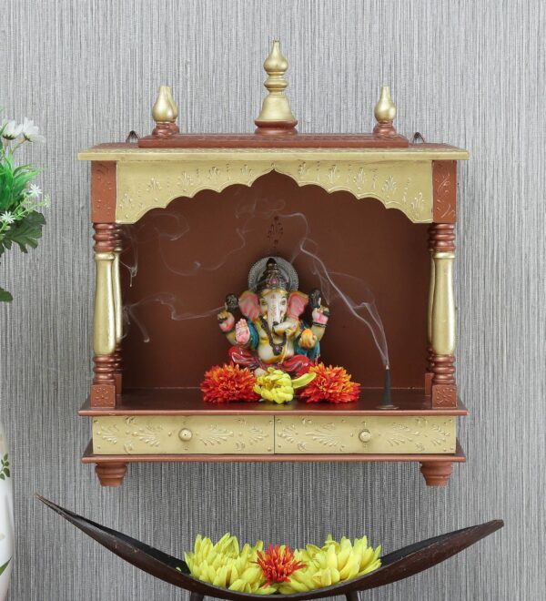 Sheesham Wood Temple Mandir Handicrafted in Golden Color