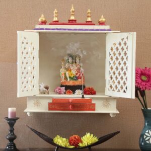 wooden wall mounted pooja mandir in red & white
