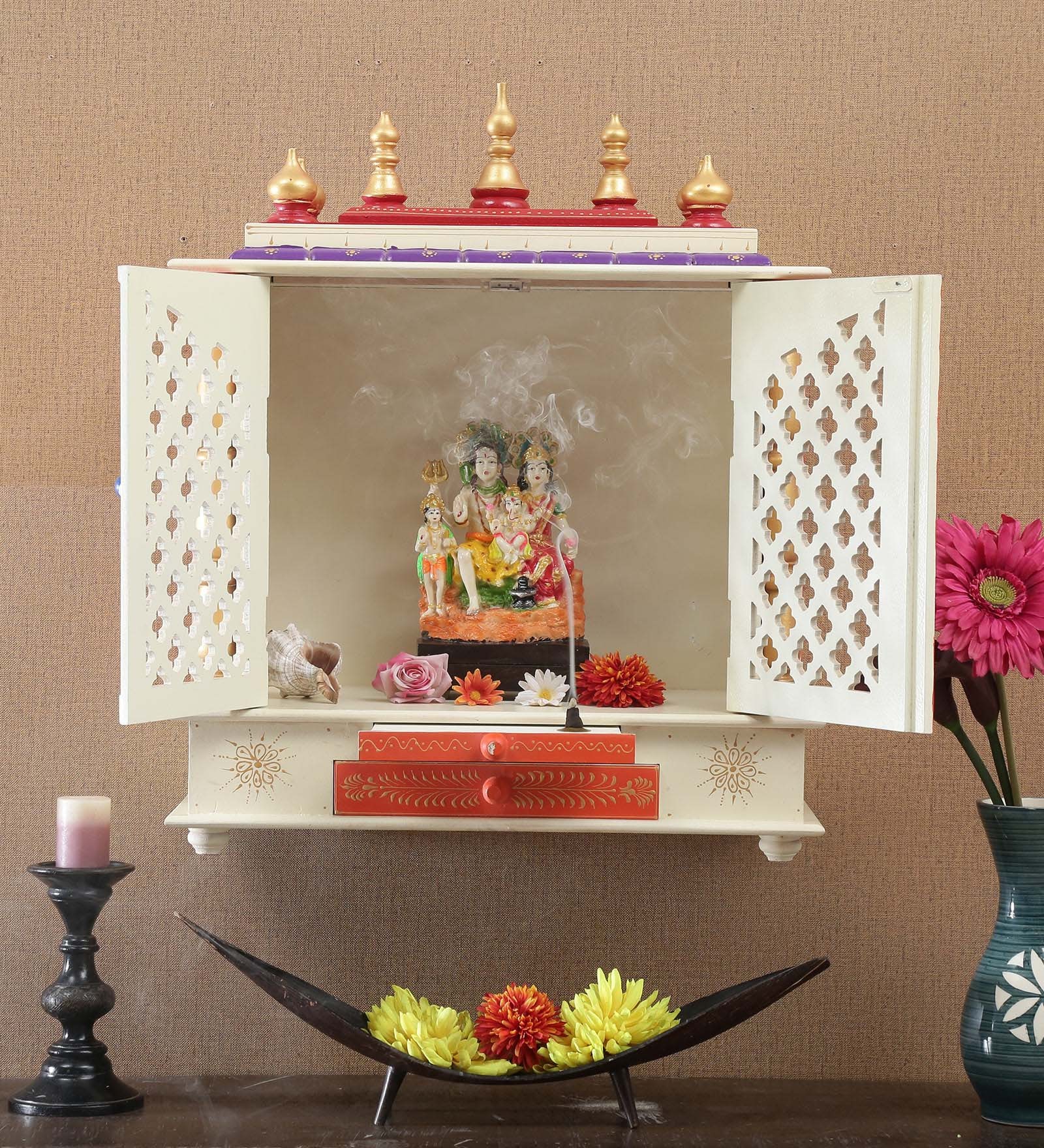Wood Wall Mounted Temple In White & Red Colour