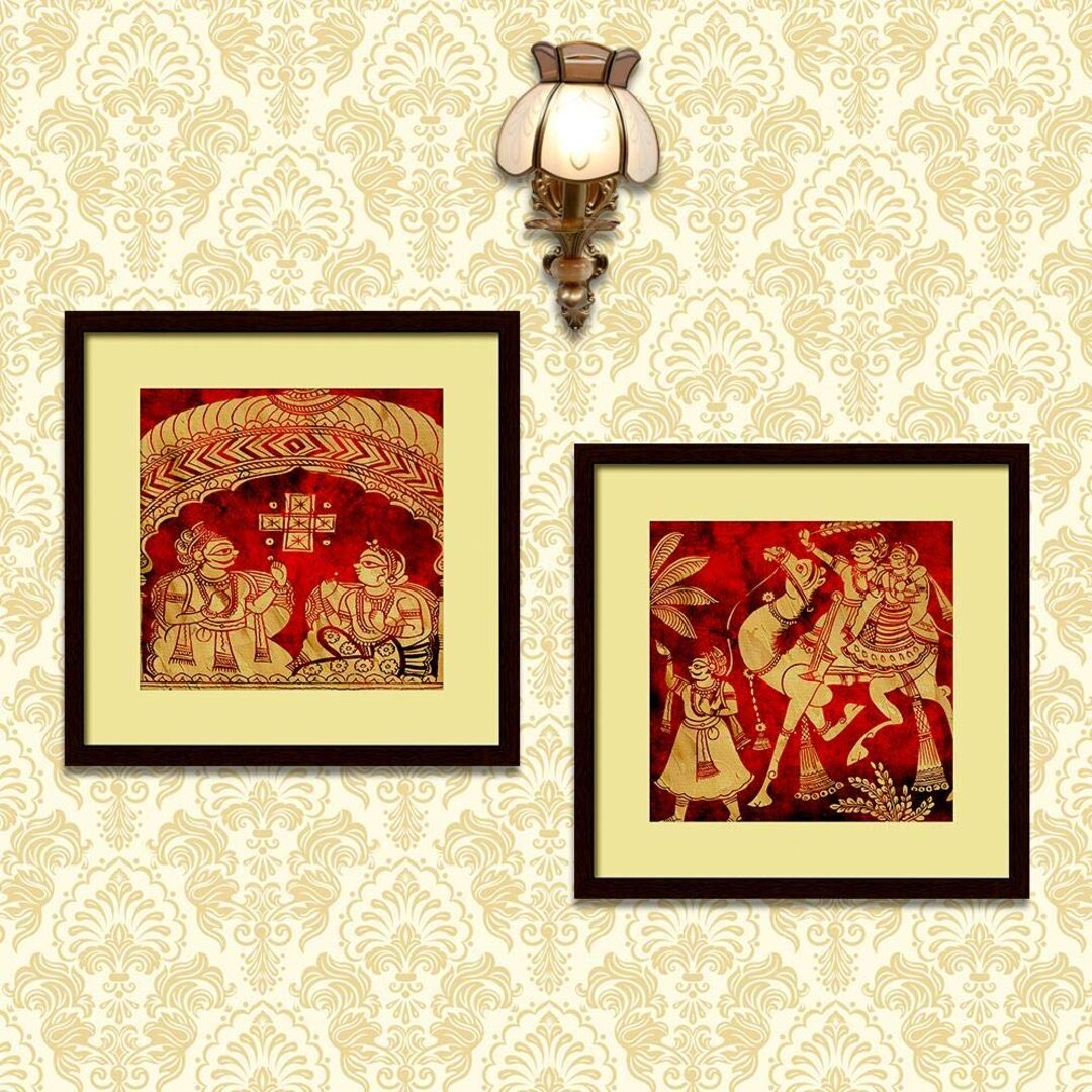 Madhubani Indian Folk Art Collage Picture Wall Frame Set of 2,Multicolor