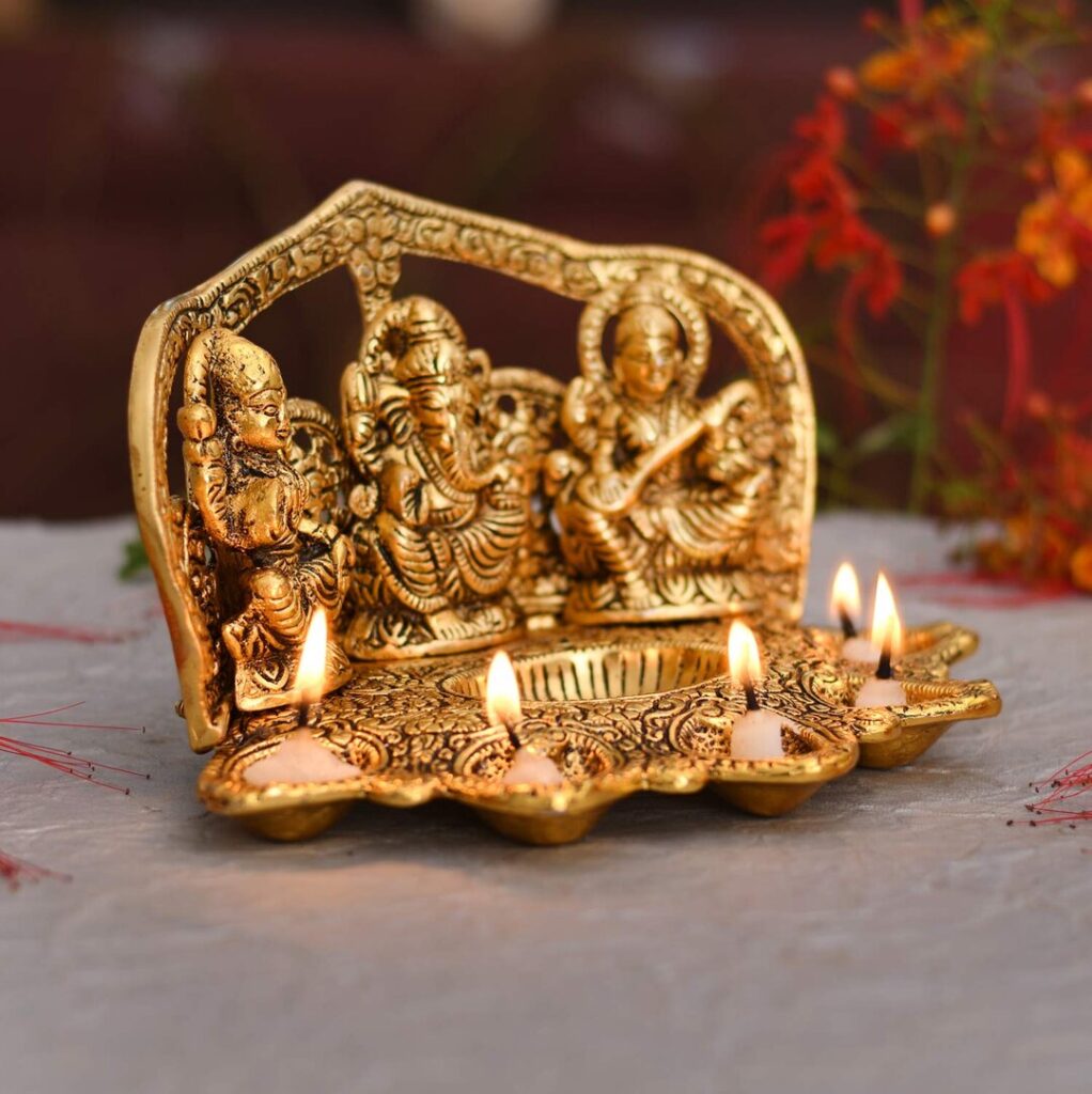 Laxmi Ganesh Saraswati Idol Diya Oil Lamp Deepak Metal Lakshmi Ganesha Showpiece Statue Taajoo 7732