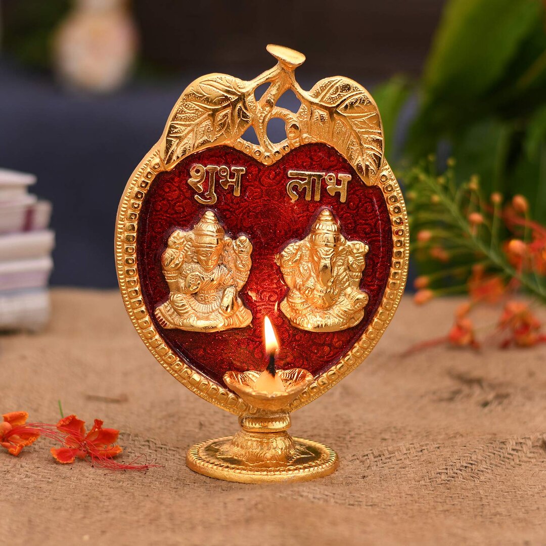 Laxmi Ganesha Diya Idol Statue- Brass Gold Finish Diya Oil Lamp Hindu Ganesh Lakshmi Showpiece