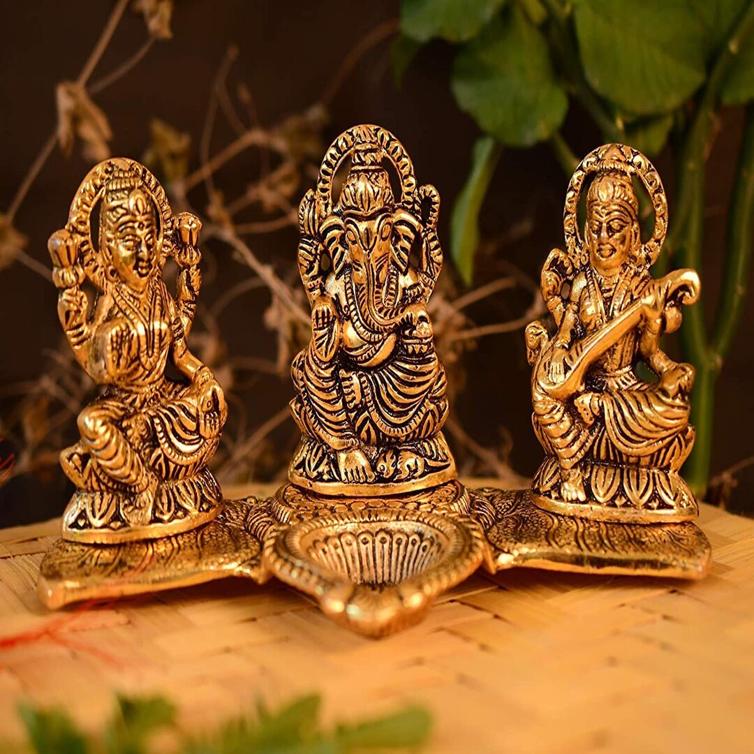 Lakshmi Ganesha Saraswati with Diya Diwali Statue Idol – Puja Deepak- Showpiece Oil Lamp Diya Decorations (Set of 1)