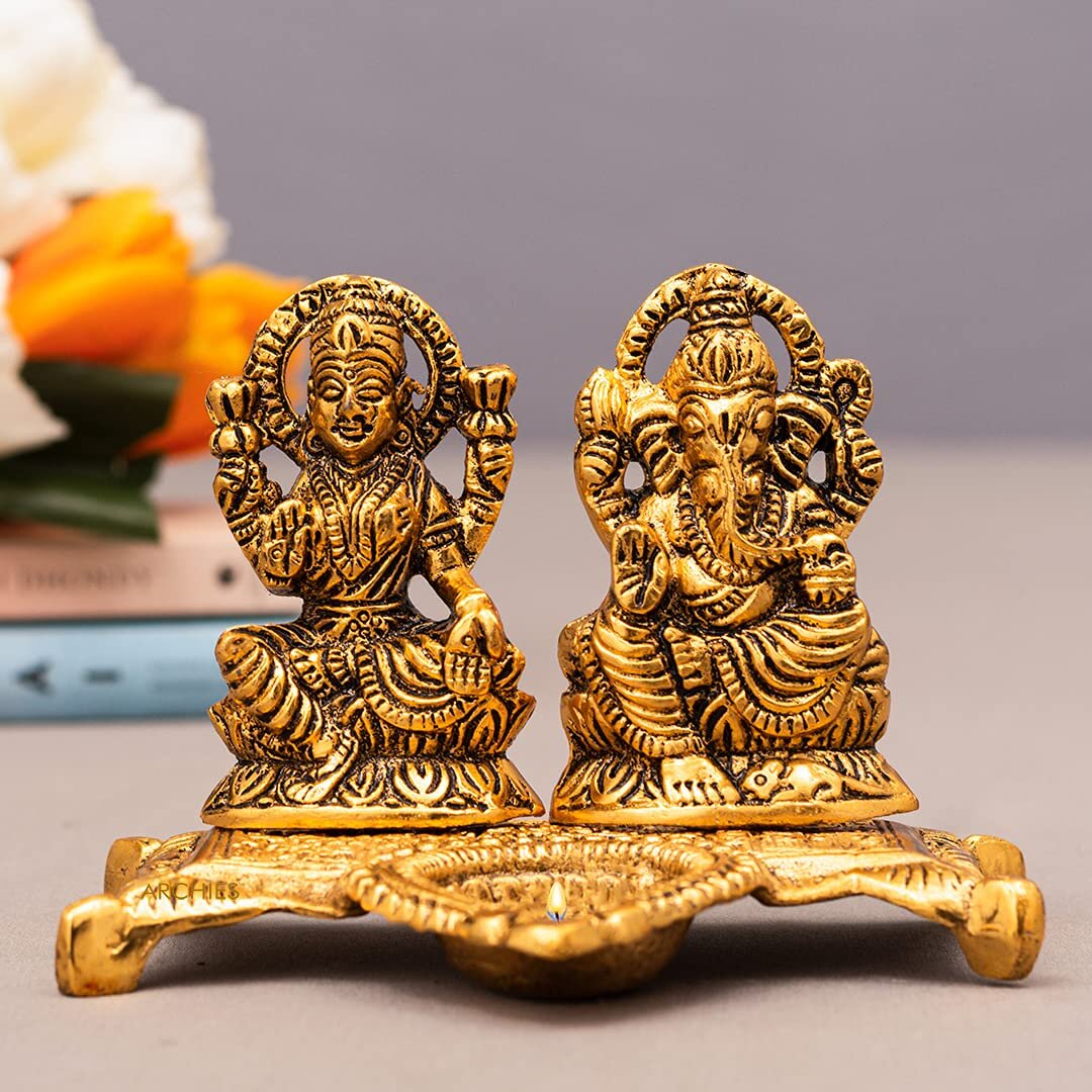Ganesh Ji Murti Diwali Gifts Laxmi Ganesh Ganpati Metal Statue Idol Figurine Handmade Metal with Diya