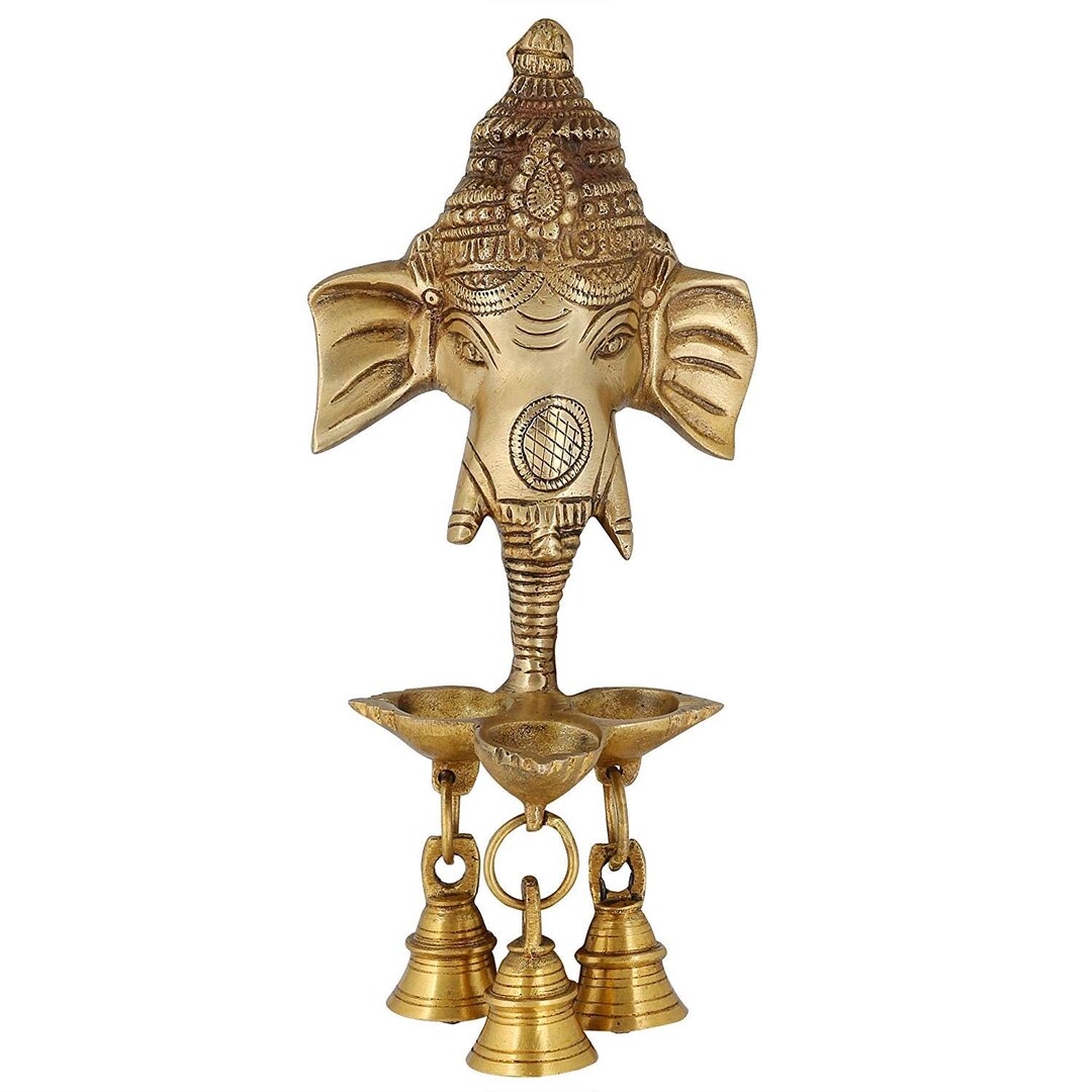 Brass Statue Decal Ganesha Wall Hanging Puja Idol With Diyas And Bells