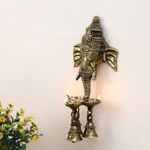 Brass Ganesh Ganesha Wall Hanging Idol Oil Lamp Three Diyas and Bells Puja