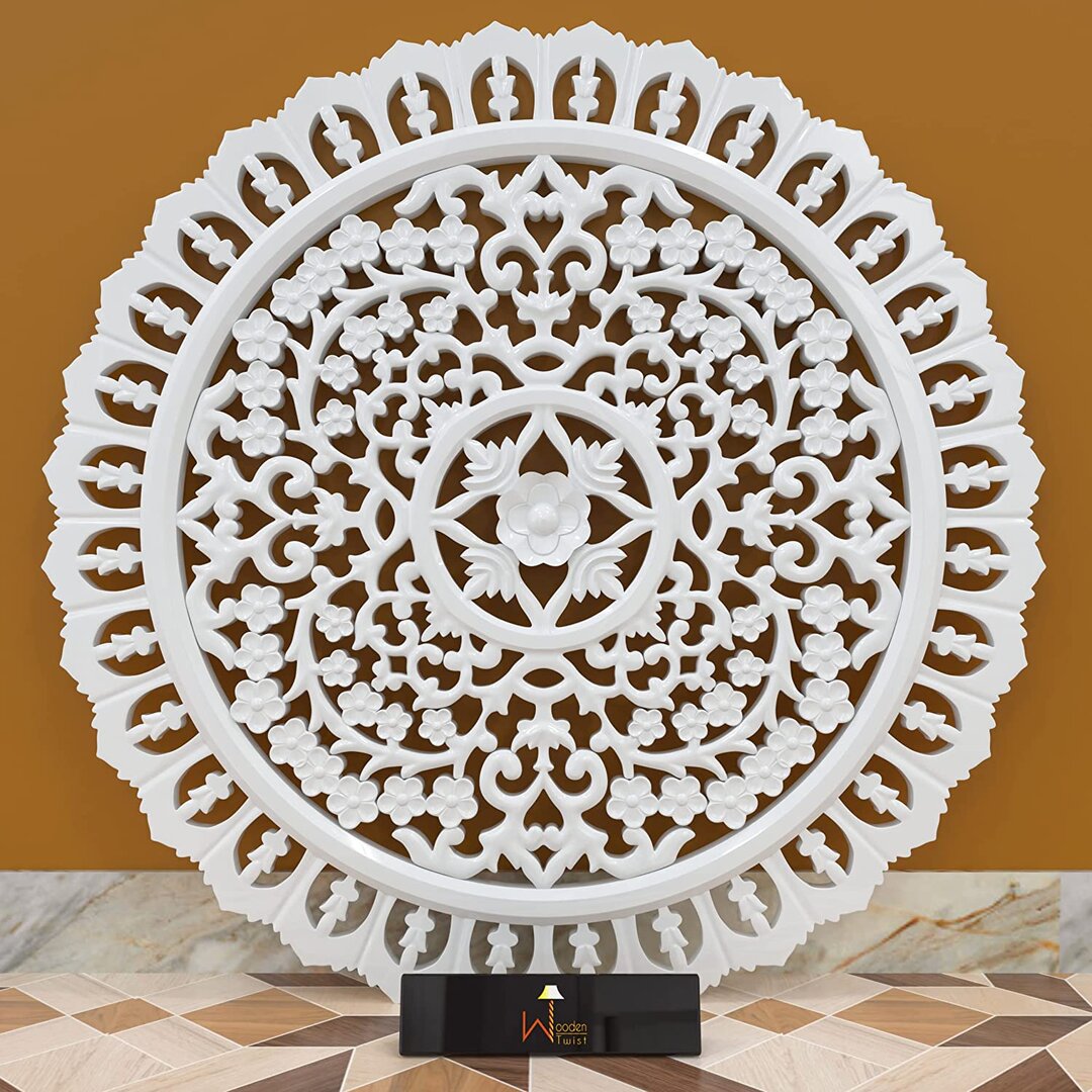 Round Wood Hand Carved Wall Panel (White)