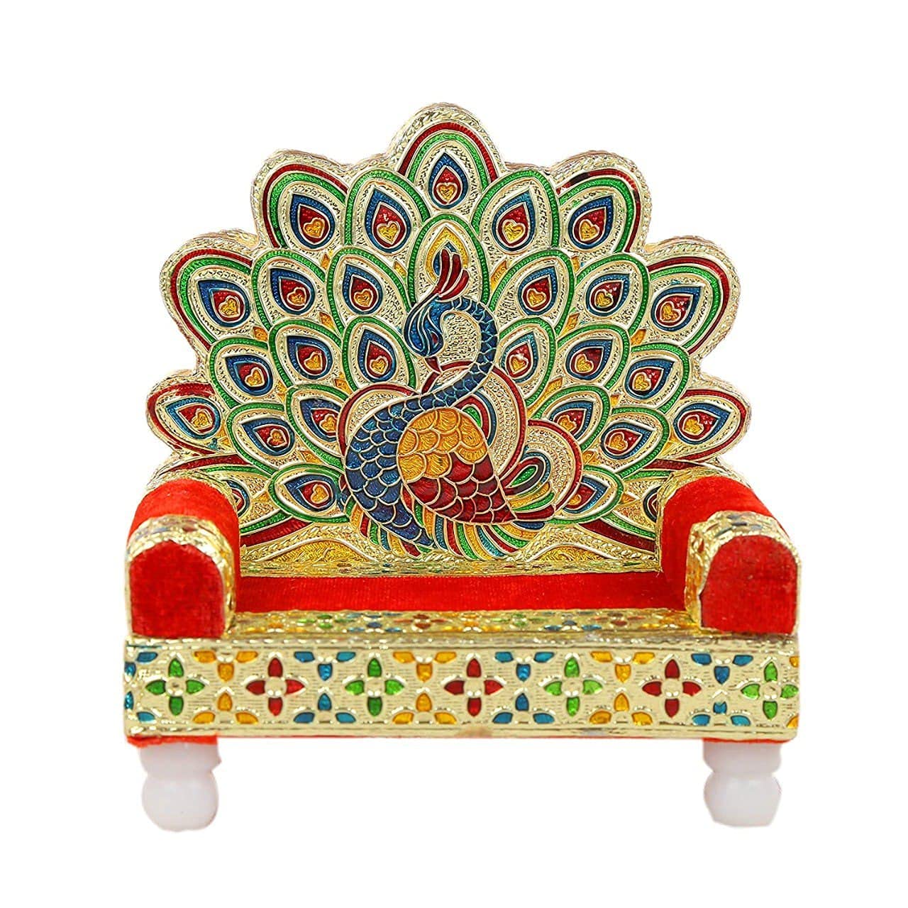 Handicraft Wooden Laddu Gopal Meenakari Singhasan Peacock Shape Laddu Gopal Singhasan for Pooja, God Idols, Pooja Chowki, Home Temple