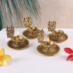Lakshmi Ganesh Hand Diya Set of 4 pc in Metal Antique Gold Plated