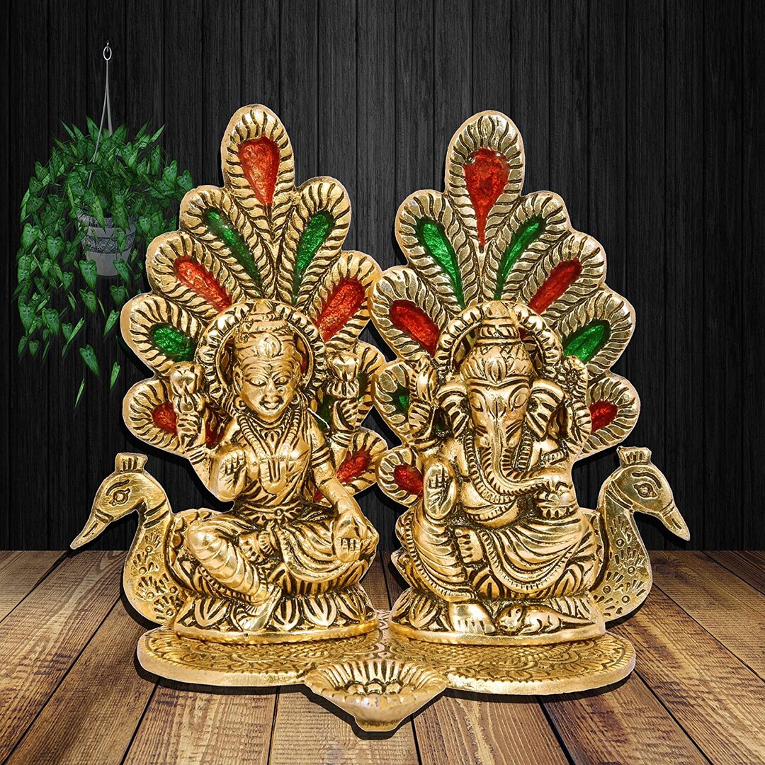 Metal Purely Handcrafted Beautiful Laxmi Ganesh with Peacock Diya