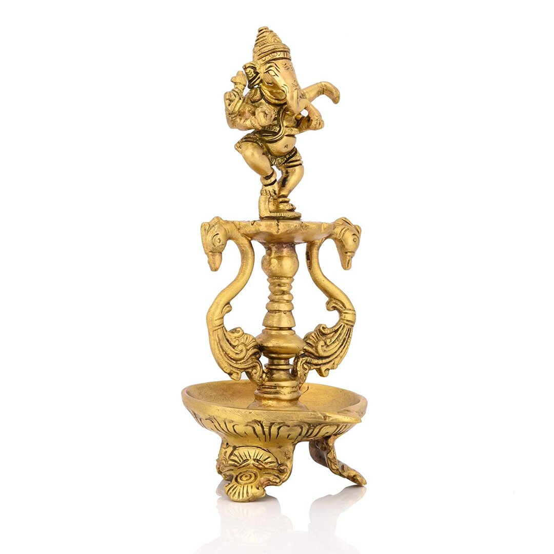 Brass Antique Ganesha Diya Oil Lamp Statue Ganesh Peacock Puja Dia Showpiece Home Pooja Gifts Decor