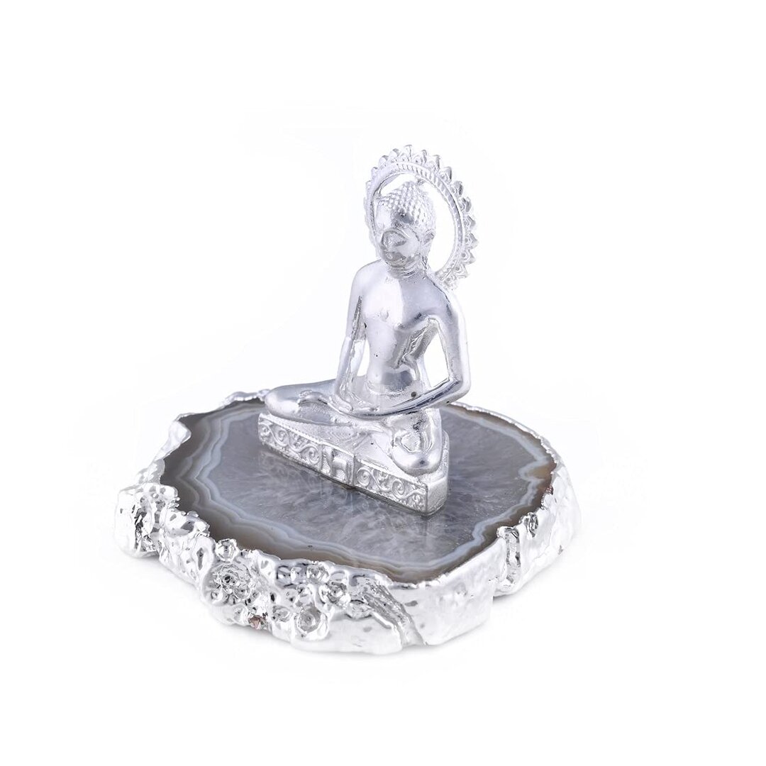 Sterling Silver Purity White Mahaveer Swami Ji Idol/Murti/Statue with Silver Plated Agate Stone Base