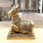 Brass Nandi Cow Idol Shiv Parvati Vahan Bull Embossed Statue Standard Golden1 Piece