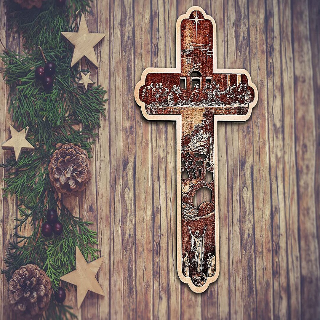 Wooden Cross – Engraved Christ Story on Wood Cross | Christian Statues