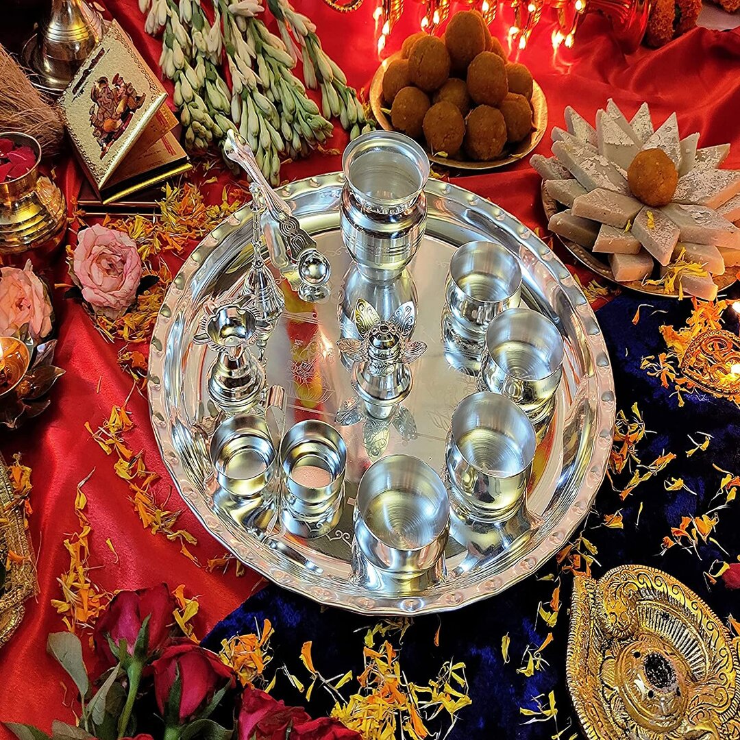 Silver Plated Pooja thali Set with Accessories for Festival Ethnic Puja  Items for Diwali, Home, - Taajoo