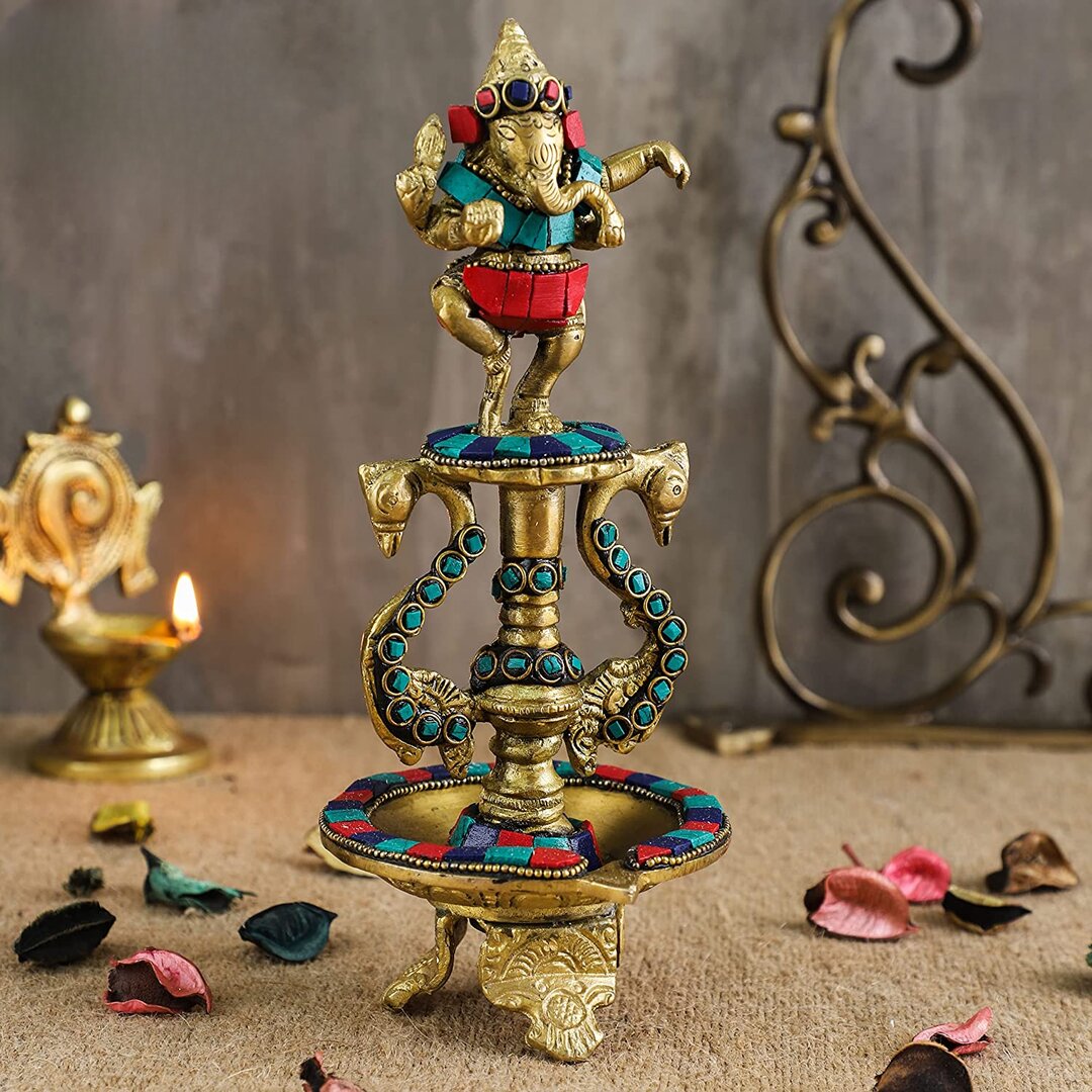 Dancing Ganesha Gemstone Work Brass Oil Diya, Multicolored, Standard