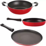 Non-Stick Aluminium Mini Cookware Set (Tawa, Fry Pan, Kadhai), Red Non-Stick Coated Cookware Set  ( (Non-stick), Aluminium, 3 – Piece)
