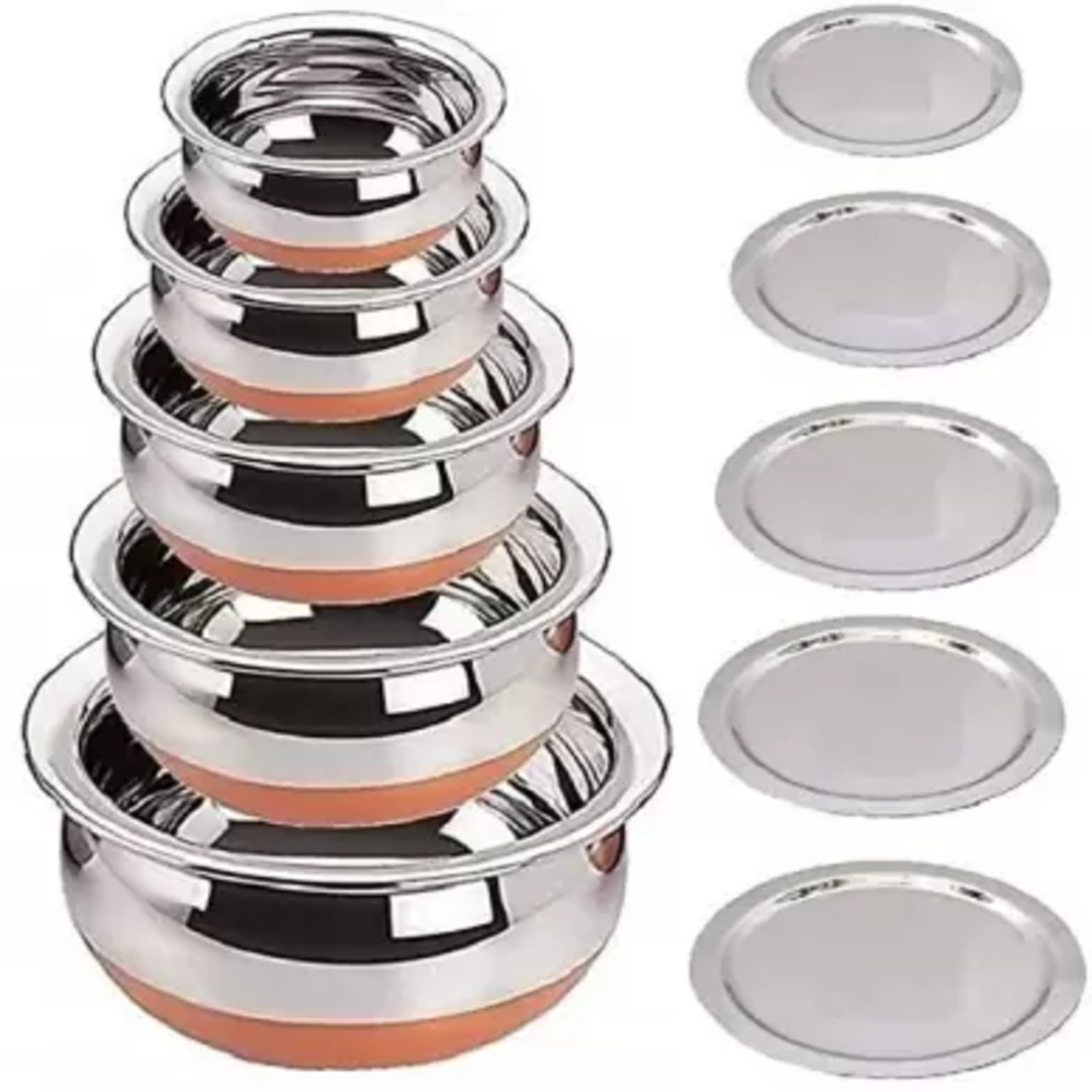 STEEL Set of 5 Copper Base Handi with Lid / Urli Set / Steel Cookware Set  (Stainless Steel, 5 – Piece)